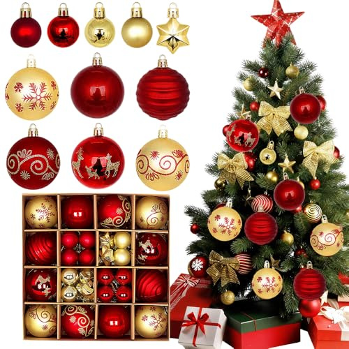 44 Pezzi Palline di Natale Rosse e Oro, 6cm Decorazioni Albero di Natale in Plastica, Addobbi Palline per Albero di Natales, Palle di Natales con Cordino per Natalizie