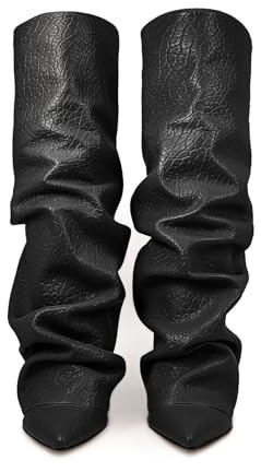 Generisch 2026 Botas altas por la rodilla para mujer, punta puntiaguda de moda, tacón grueso, botas apiladas casuales sobre la rodilla con caña doblada para salidas informales, fiestas, viajes, Negro