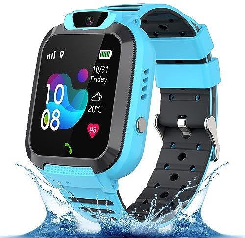 Puhiuyoi GPS Smartwatch per Bambini, IP68 Impermeabile Orologio Intelligente Bambini con Telefono, Chat Vocale, SOS, Touchscreen, Fotocamera, Gioco, Smartwatch per Ragazza e Ragazzo 4-12 Anni Regalo