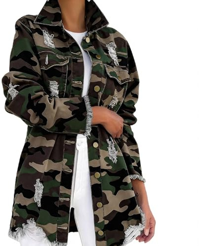 Seltaon Camo Jacket for Women Casual Camouflage Army Fatigue Green Distressed Jackets Plus Size