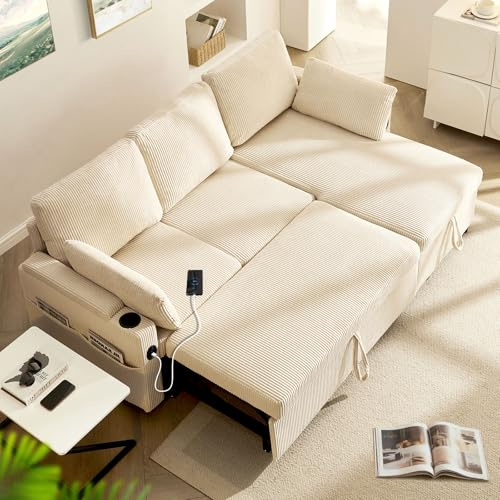 LEMROE Sofa Bed Sleeper Couch 2 In 1 with Storage Chaise and Armrest, Sectional L-Shaped 3 Seater Convertible Sofa Bed Pull Out, USB & Cup Holder, For Apartment Living Room (Corduroy Fabric, Beige)