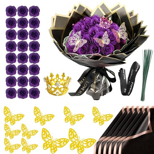 Chingcoo Glitter-rosbukett, alla hjärtans dag, 24 stycken konstgjorda rosbuketter, gör-det-själv konstgjorda glitterbuketter med krona för gåvor, bröllop, årsdag, förlovning, födelsedag, mors dag