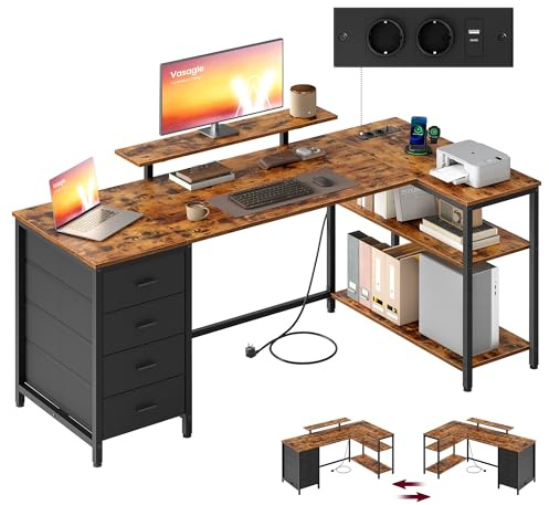 VASAGLE Scrivania Angolare a L con Prese di Corrente, Scrivania da Gaming, Layout Reversibile, Ripiani Regolabili, 4 Cassetti, 2 Porte USB, Studio Ufficio, 160 x 80 cm, Marrone Vintage LWD173KD01