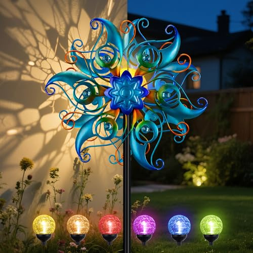 pearlstar Solar Windrad Garten, Windspiel mit 6 farbigen LED-Leuchten – Wetterfestes Windspiel für Draußen Stehend, Gartendeko für Terrasse, Rasen und Balkon