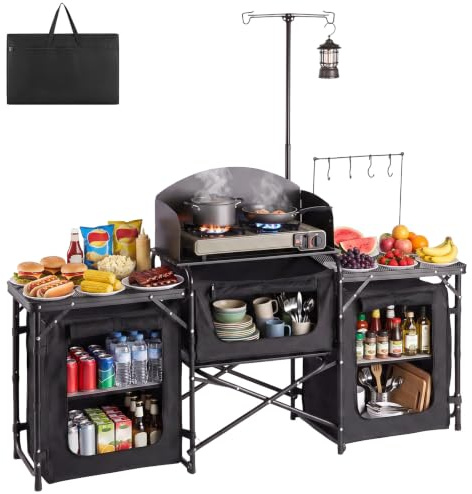 VEVOR Camping Kitchen Table, Outdoor Camp Cooking Table, Portable Cook Station with Storage Cupboard, Carrying Bag, Detachable Windscreen, Quick Set-up for BBQ Party Picnic RV Travel, Black