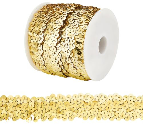 OLYCRAFT 10M Paillettenbesatz Applikation Paillettenband Stretch Paillettenbesatz 3-Reihiger Paillettenbandbesatz Glitter Stretch Bling Paillette Ribbon Für Kleiderverzierung Und Stirnband - Gold