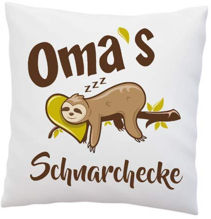 LIEBTASTISCH Kissen mit Spruch - Oma's Schnarchecke - Faultier - Kissenbezug mit Füllung - Geburtstag - Geschenk Beste Oma - Deko Kissen - weiß 40cmx40cm