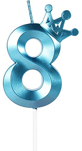 Velas de 1 cumpleaños, vela número 8, Azules Velas,3D Velas Cumpleaños Numeros con Decoración de Corona Grande Decoración para Tartas Velas Numeros para Cumpleaños