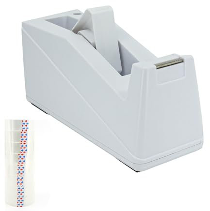 KLEBERINO Klebebandabroller für Tische inkl. 8 Rollen Klebeband | Robuster Tischabroller mit Antirutschpads | für 1 und 3-Zoll-Rollenkerne geeignet