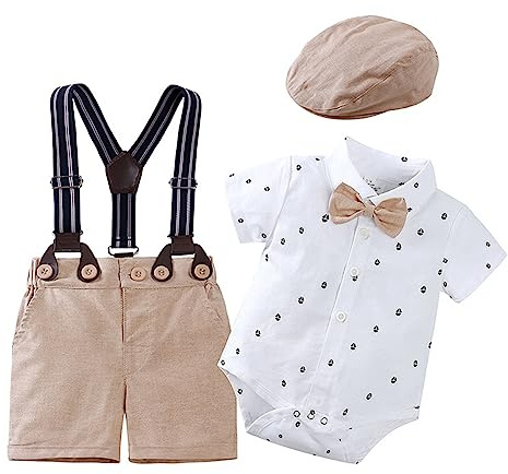 ensemble bebe garçon naissance 0-24 mois ete costume gentleman garçon mariage ceremonie body manche courte bebe garcon shorts et bermudas garçon avec bretelles et casquette béret (Khaki, 0-3 mois)