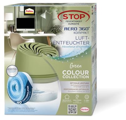 Pattex AERO 360° Deshumidificador Compacto Colección Color Verde, 1 aparato incl. 1 pastilla de recarga, de ambiente para una circulación eficaz del aire, de ambiente reduce la humedad del aire