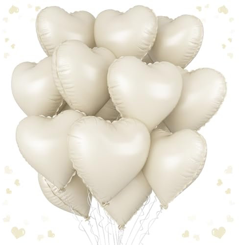 Cream Heart Balloons, 18 Inch Cream White Heart Shape Balloon, 12PCS Large Sand White Helium Foil Heart Romantic Balloon for Girls Birthday Baby Shower Wedding Engagement Anniversary Party Decoration