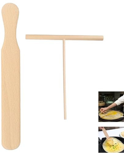 Crepe Spreader Set, Crepe Spreader and Spatula, 4.7 Inch X 6.2 Inch T Shape Wooden Tool, 9.6 Inches X 1.5 Inches Crepe Spatula Turner for Home Kitchen Cooking Baking Tools