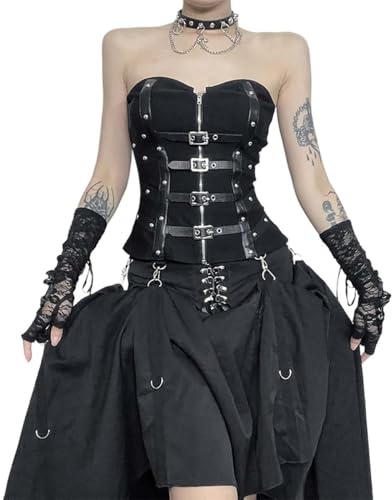 PengGengA Gotisk punk korsett topp för kvinnor svart axelbandslös bustier med dragkedja och spännremmar alternativ Y2K Grunge emo streetwear, Svart, M