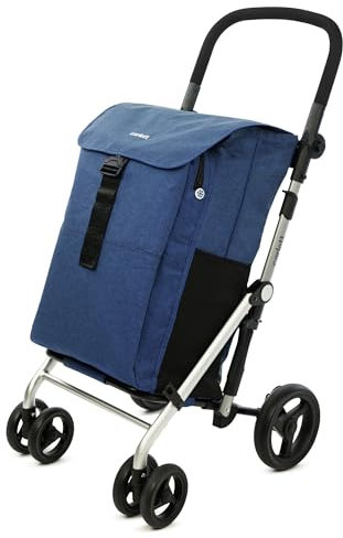 Carlett - Classic Family | Carro Plegable | Carrito de Supermercado Resistente | 4 Ruedas | para Compras Grandes | Gran Capacidad 64L | Bolsa Principal 32kg | Bolsa Isotérmica 12L | Denim
