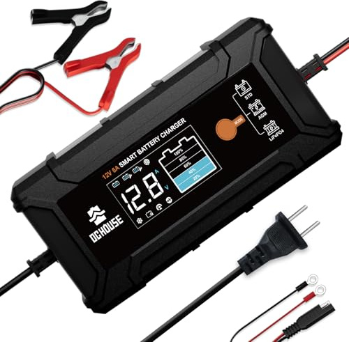 DCHOUSE Caricabatterie 12V 5A, Caricabatteria Intelligente per Batterie Litio 14.6V per Batterie LiFePO4 e Piombo Acido, per Batterie Auto, Camion, Moto, Tosaerba, Barca, Marine