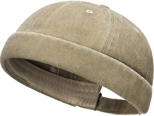 Lynmquober Unisex Cotton Brimless Beanie Hat Retro Casual Docker Sailor Skull Cap Beige
