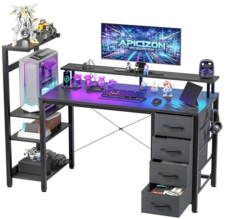 51 Inch Gaming Desk with Power Outlet and LED Lights, Computer Desk with 4 Drawers & Storage Shelves, Reversible Home Office Desk with Monitor Stand for Small Space Bedroom, Carbon Fiber Black