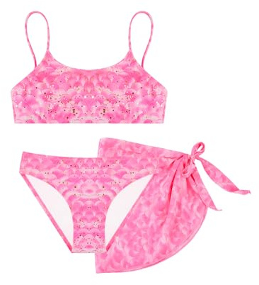 Conjunto Bikini Niña 3 Piezas con Falda Sarong, Bañador Dos Piezas con Tirantes Ajustables, Ropa de Playa y Piscina para Niñas de 4–12 Años (6-8 Years, LA719-Pink)