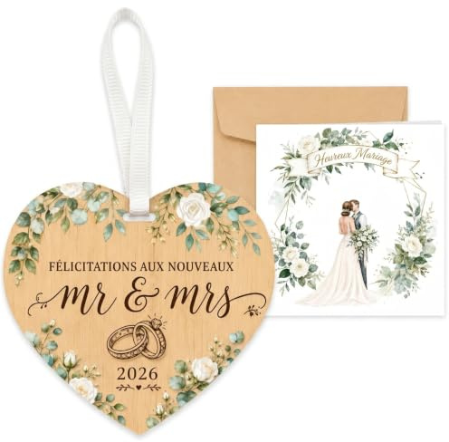 Carte Mariage Avec Cœur En Bois Et Enveloppe Pour Félicitations 2026 | Ensemble carte mariage félicitation avec cœur en bois 10 x 8,5 cm, carte 15 x 15 cm, enveloppe kraft et ruban