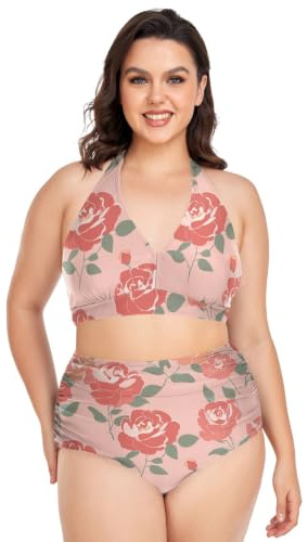 Bikini för plus size kvinnor justerbar magisk ros blomma röd halterneck bikini hög midja kvinnor 2 delar