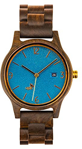 Opis UR-U1 : Montre Rétro en Bois de Santal Noir pour Homme/Femme (Unisexe/Mixte) avec Cadran Texturé Unique Bleu,Vert ou Turquoise et Parties Métalliques en Argent ou Or