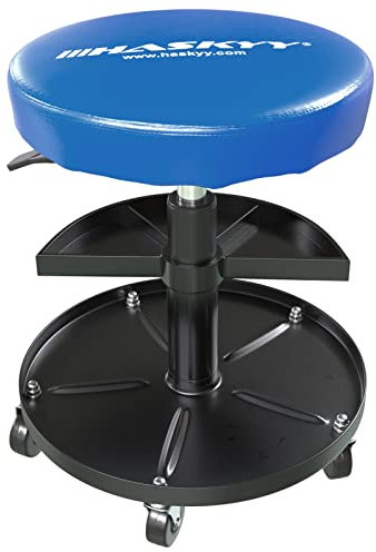 HASKYY Werkstatthocker Rollhocker | Höhe 430-580mm I Sitz Geleinlage | Werkstatt-Arbeits-Hocker-Stuhl-Sitz I 135kg | ø40 cm | 430-580mm I 2 Ablagen I Blau