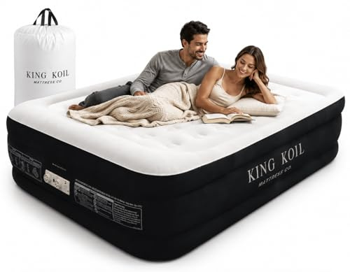 King Koil Luxury Pillow Top Plush Queen Air Mattress with High-Speed Built-in Pump, Blow Up Bed Top Side Flocking, Puncture Resistant, Double High Inflatable Airbed Guests & Travel 1-Year Warranty
