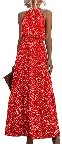 EFOFEI Mujer Boho Floral Holgado Vestido Halter Cuello Maxi Vestidos Sexy Casual Cita Vestidos Cóctel Noche Vestido Punto Naranja Rojo XXL