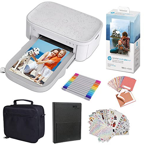 HP Sprocket Studio Plus 4x6” Instant Photo Printer – Bundle: Printer, Photo Album, Markers, Photo Paper, and Stickers.
