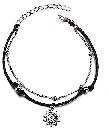 TONAUP Double Bracelet de Cheville Bohème Bracelet de Cheville Noir Soleil Réglable Cordon Chaîne de Pied pour Femme et Fille L'été Bijoux