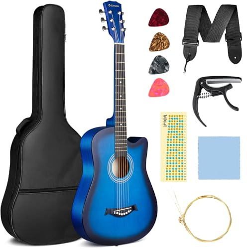 CAHAYA Acoustic Guitar 38 Inch Full Size Musical Instrument Blue | Complete beginner bundle with gitare, spare strings, gig bag, strap, picks, capo and tuner stickers