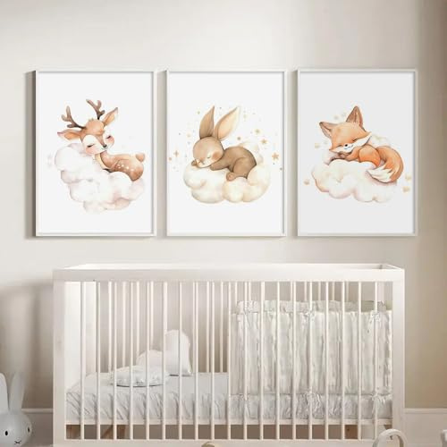 BeiYiHo 3 Affiches Animaux Chambre Bebe Poster Beige Nuages Lapin Renard Cerf Tableau Deco Enfant Fille Décoration Chambre Garcon Toile 30X40cm sans Cadre (BYGC002-30x40)