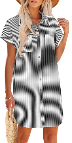 Zeagoo Women's Cotton Dresses Casual Flowy Short Sleeve Linen Shirt Dress Button On A-Line Summer Beach Sundress Relax Travel Cover Ups Stripe PrintM