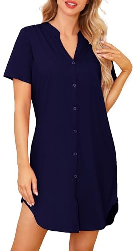 Lovasy Camicia da Notte Donna in Cotone Manica Corta Scollo a V Sexy Sottoveste Curvy con Bottoni Davanti Abito da Notte Estiva con Tasche B Blu Navy M