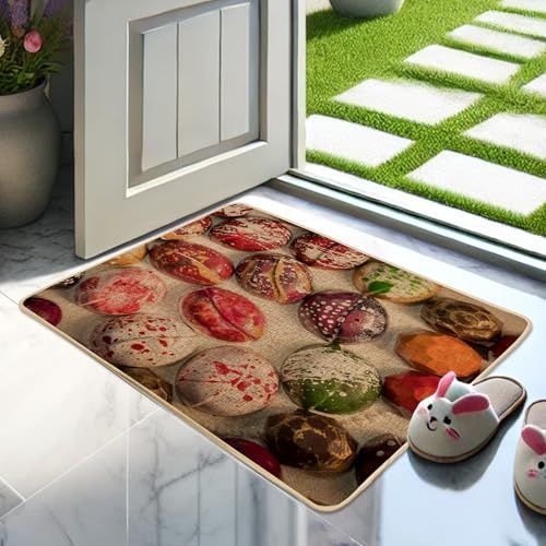 Tapete de bienvenida con piedras pintadas de colores, guijarros vibrantes para exteriores e interiores, para decoración de primavera, goma impermeable, antideslizante, absorbe el polvo, fácil