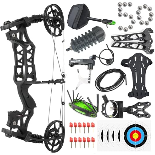 Poearcus Archery Compound Bow Set 40-70lbs Adjustable Steel Ball and Arrow Dual Purpose Bow Hunting Bows for Shooting Bowfishing Targeting Let-off:80% (Compound bow set)