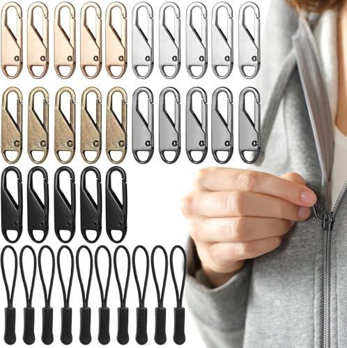 Prebarfun 35 PCS Zipper Pull Replacement Metal, 5 Color Zipper Replacement Accessories, 10 PCS Black Spare Zip Pull, Removable Universal Zip Repairer for Luggage Suitcase Clothing Backpack Jackets