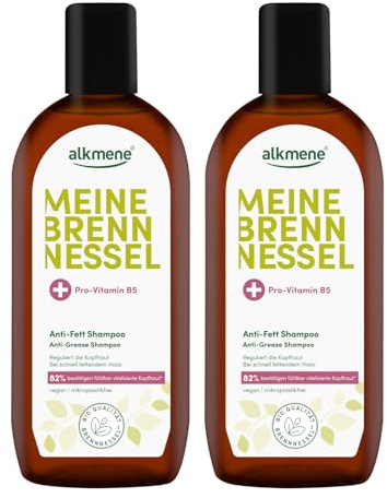 alkmene 2x Shampoo gegen fettige Haare mit Brennnessel 250 ml - Veganes Shampoo fettige Kopfhaut vermindert schnelles Nachfetten - Haarshampoo fettiger Ansatz