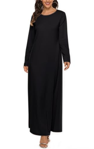 Camicia da notte da donna a maniche lunghe, in cotone, tinta unita, lunga, morbida, comoda, per il tempo libero, con scollo tondo, biancheria da notte, pigiama, vestito da notte, Nero , XXL