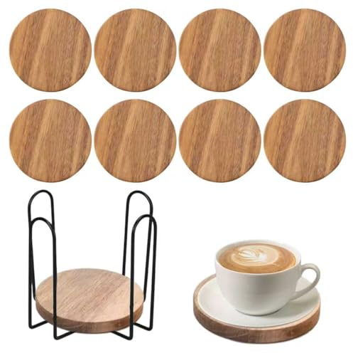 Lot de 8 dessous de verre en bois d'acacia avec support en fer de 10,2 cm avec 3 patins antidérapants chacun pour table basse, décoration de table, maison, bureau