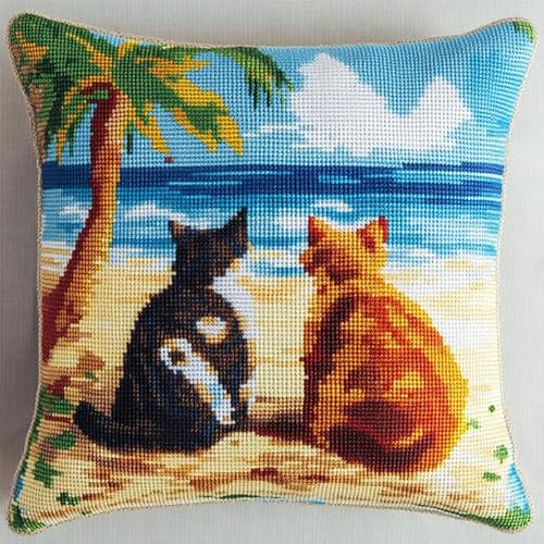animale Kit Gancio di Chiusura per Cuscino Fai-da-Te,Coppia di gatti sulla spiaggia,Artigianato Facile da Imparare per Kit Tappeto con Gancio di Chiusura per Cuscino,43x43cm