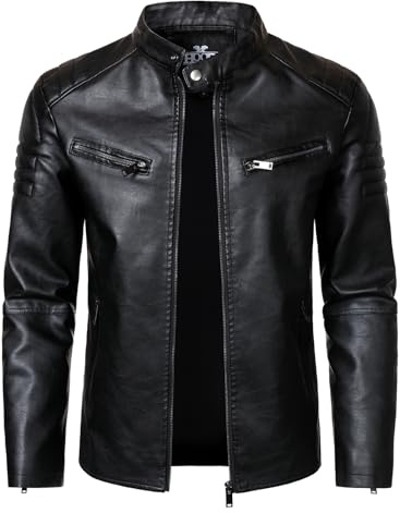 HOOD CREW Men’s Faux Leather Motorcycle Jackets Stand-up Collar Leather Jacket Vintage Coats Outwear Black XL