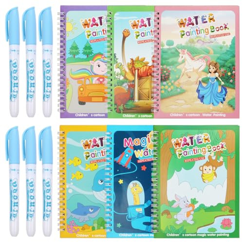 Rairsky 6 Pièces Livre de Coloriage à L'Eau, Livre Magique à L'Eau avec 6 Stylo Leau, Magic Water Drawing Book Réutilisable, Jouets Peinture Cahiers de Coloriage pour Cadeau de Noël, Education Dessin