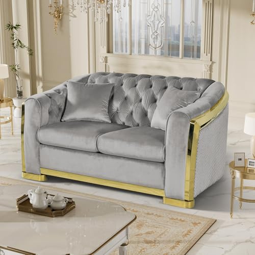 Nolohoo Luxury Velvet Chesterfield Sofa for Living Room, 62.2 Comfy Mid Century Modern Victorian Curved Loveseat Couch Deep Seat Couches Tufted Sofas with Gold Legs for Apartment, Grey