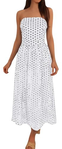 Robe noire pour femme - Robe longue rétro à pois - Décolleté épaules dénudées - Jupe fluide - Dos froncé