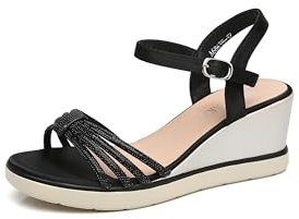IVACHY Women’s Wedge Sandals Rhinestone Sparkly Glitter shoes ladies - Strappy Ankle Strap Buckle Open Toe Bridal Platform Wedding Summer Dress prom party