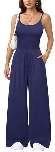 Xiaoliny Jumpsuits for Women UK Summer Spaghetti Strap Wide Leg Long Romper with Pockets Sleeveless U Neck Loose Fit One Piece Outfit High Waist Flowy Cami Playsuit Casual Dungarees Basic Overalls