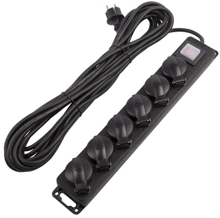 LEDKIA LIGHTING - 6 Schuko Steckdosenleiste | 10m Kabel | IP44 spritzwassergeschützt | Kindersicherung & Lichtschalter | Außen & Innen geeignet, Schwarz, 55x70x450 mm, PVC