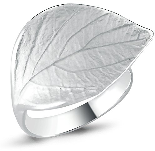Vinani Damenring aus 925 Sterling Silber – Breiter Blatt-Ring, sandgestrahlt & glänzend, nickelfrei & antiallergisch, handgefertigter eleganter Silberschmuck, Geschenk für Frauen, 2RBT62